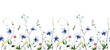 Watercolor seamless floral border frame on white background. Red, blue wild flowers, branches, leaves and twigs.