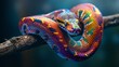 Rainbow boa constrictor coiled on branch with iridescent scales reflecting full spectrum colors