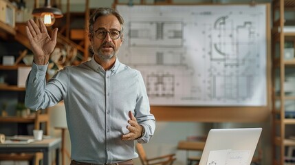 Poster - Male teacher stands in front of a laptop computer, waving as he lectures online about architectural design. On one wall are some architectural drawings, a whiteboard with blueprints. Generative AI.