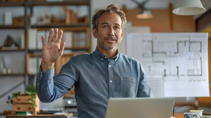 Poster - Male teacher stands in front of a laptop computer, waving as he lectures online about architectural design. On one wall are some architectural drawings, a whiteboard with blueprints. Generative AI.