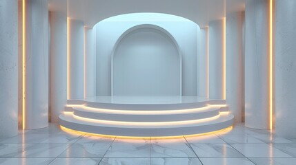 Poster - 3D render white scientific podium with white neon lights. Generative AI.