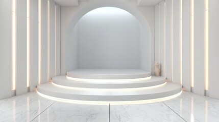 Poster - 3D render white scientific podium with white neon lights. Generative AI.