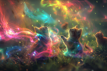 Wall Mural - A colorful image of three cats playing in a field of grass