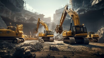 a photo of a construction site with a fleet of bulldozer