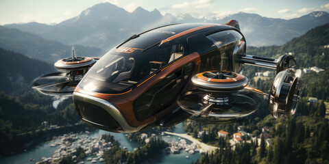 modern future flying taxi. unmanned aerial vehicle. aero taxi over skyscrapers. a new era of urban a