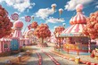A carnival land of funnel cake stands, cotton candy trees, and caramel apple orchards, 3D illustration