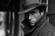 Retro portrait of young fashion man gentleman detective aristocrat in a hat and coat on street in city
