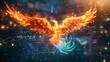 Fiery Phoenix Soaring Through Cosmic Skies,Radiant Mythical Bird Spreads Wings in Ethereal Universe