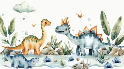  A cartoon ensemble of aquatic dinosaurs, playfully splashing in an ancient sea, depicted in watercolor on a white background