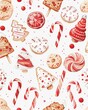A festive watercolor grouping of holiday treats, with candy canes, peppermint bark, and Christmas cookies, on a white background