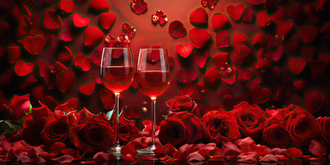 Romantic setting with two glasses of wine and red roses