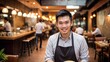 Smiling Asian Waiter Serving Food in a Vibrant Restaurant