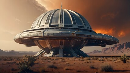 Science fiction meets whimsy in this bizarre portrayal of a hamburger-shaped space station orbiting a desert planet under exotic skies.