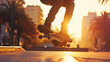 Skateboarder performing a trick in an urban setting at sunset, Sports and youth culture
