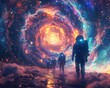 Astronauts approaching a spiraling portal - A group of astronauts venture towards a hypnotizing spiraling portal on a celestial journey through space