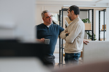 Poster - A candid moment capturing two mature businessmen in a business casual setting, conversing seriously with coffee in hand.