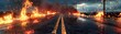 A power line downed by a storm, igniting a fire on a deserted highway, the flames reflecting off the wet asphalt, 3D illustration