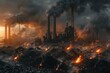 A coal power plant's storage yard on fire, the coal piles smoldering and casting a somber light over the industrial scene, 3D illustration