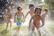 Children Running Through Sprinkler In Yard, Smiling And Having Fun. Generative AI