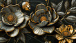 Elegant black and gold floral wallpaper design featuring stylized metallic flowers and leaves on a dark background.