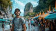 Asian man backpacking, feeling comfortable and smiling, reassured by travel insurance, background featuring iconic Thai travel destinations. Generative AI.