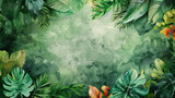Fototapeta  - Rigogliose foglie tropicali di colore verde intenso creano un bordo su uno sfondo verde  con spazio per il testo.