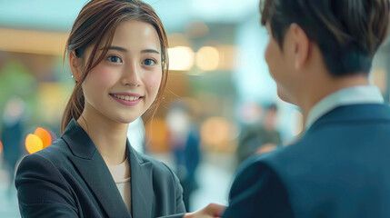 Sticker - A business Japanese woman shaking hands with a man in a suit, woman with a short hair and a confident look on her face. Generative AI.