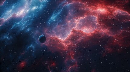 Poster - The universe mixed with red and blue with nebulae, a large black hole with planets. Generative AI.