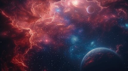 Poster - The universe mixed with red and blue with nebulae, a large black hole with planets. Generative AI.