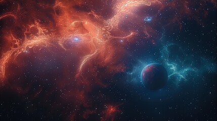 Poster - The universe mixed with red and blue with nebulae, a large black hole with planets. Generative AI.