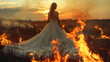 beautiful young woman in wedding dress standing in the field of fire ,hyper realistic, low noise, low texture