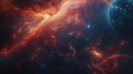 Poster - The universe mixed with red and blue with nebulae, a large black hole with planets. Generative AI.