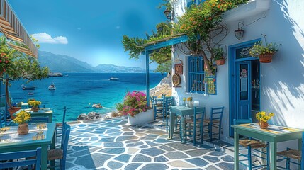 Poster - Beautiful cafe with blue and white walls and green tables and chairs overlooking the sea, bright flowers everywhere. Generative AI.