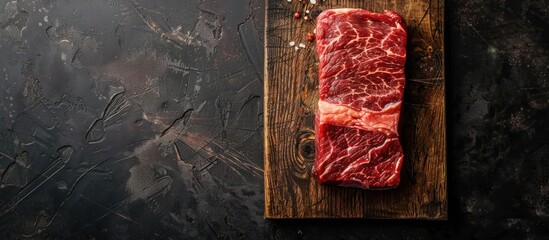 Wall Mural - A piece of raw beef steak placed on a wooden cutting board, ready to be prepared for cooking.