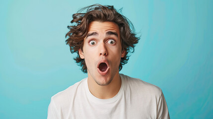 Shock Surprised young man , isolated on pastel blue background