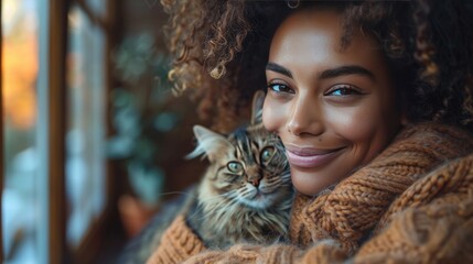 smiling young woman with cat at home office desk working with laptop while having breakfast at home working with laptop