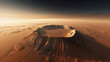 Stock image of a panoramic view from the top of Mars Olympus Mons, the tallest volcano in the solar system, revealing the vast Martian landscape ,hyper realistic, low noise, low texture