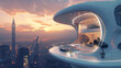 futuristic home has a balcony that overlooks a vast cityscape.