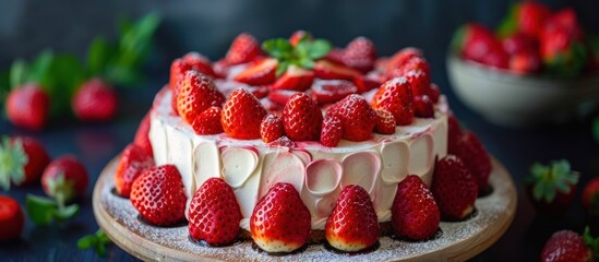 Wall Mural - A delicious cake with white frosting and fresh strawberries on top, ready to be enjoyed.