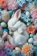Cute white baby bunny sleeps in a bed of eggs and fresh spring flowers, in the style of pastel colors. Abstract Easter or spring concept.	