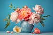 Beautiful bouquet of fresh peonies in full bloom in vase on pastel blue background. Minimal spring flowers concept.	
