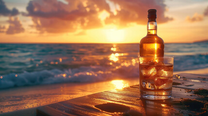 In the background, a beach sea and sunset are seen behind a bottle of Whisky and a glass of whiskey. Generative AI.