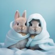 Two cute baby bunnies dressed in a blanket hugging each other on a blue pastel background. Creative Valentine's Day romantic concept.	