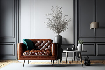 Living room. Living room with leather armchair on empty wall background. Interior of modern living room with black leather armchair and lamp. Modern living room with sofa and coffee table.