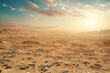 An expansive desert, with dunes partly composed of non-biodegradable waste, under the harsh light of a setting sun, 3D illustration