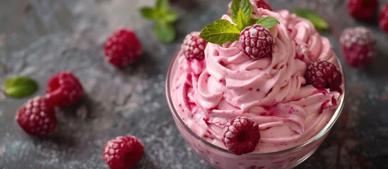 Wall Mural - A glass filled with creamy raspberry mousse topped with fresh raspberries scattered around it.