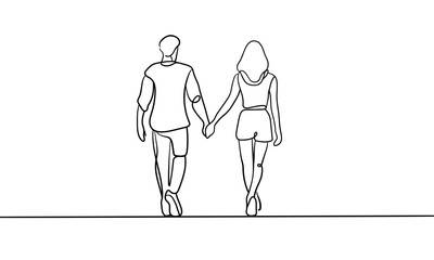 Man and girl walk holding hands continuous line art drawing isolated on white background. Love line art drawing. Vector illustration