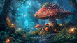 Enchanted forest with luminous mushrooms and fairy creatures. Magical woodland night scene illustration