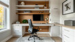 A chic home office with a floating desk, storage cabinets, and a comfortable swivel chair.
