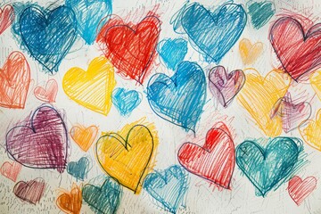 Wall Mural - A drawing of many hearts in various colors and sizes